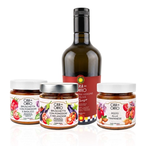 .Sycylijskie Pomidory - oliwa INTENSO + pesto alla Traopanese + bruschetta z bakłażanem i bazylią